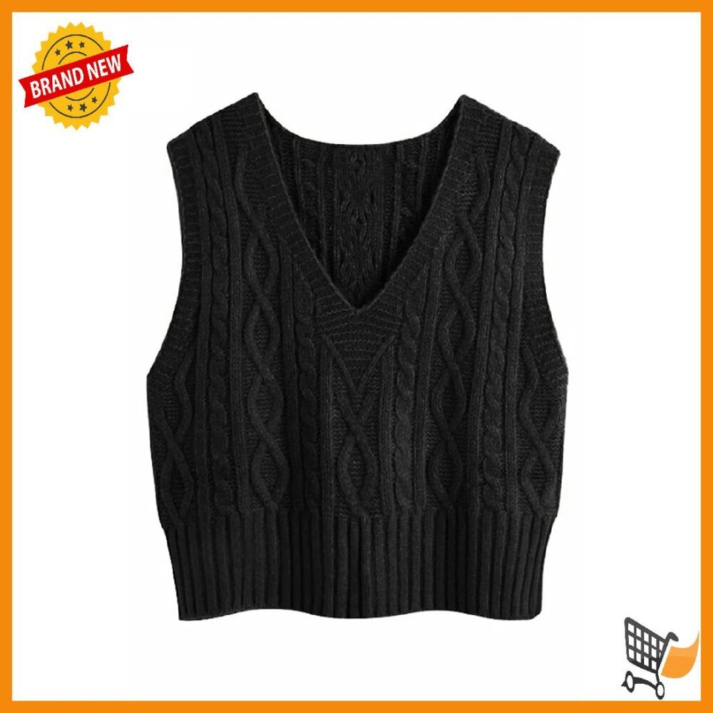 Sleeveless Cable Knit Sweater Vest V-Neck Loose Fit Pullover Top